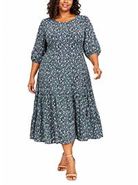 BLACK Ditsy Floral Print Tiered Jersey Midi Dress - Plus Size 16 to 22