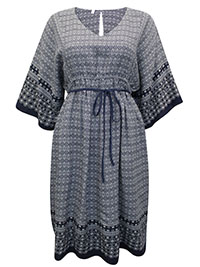 NAVY Border Print Kaftan Sleeve Tie Waist Dress - Size 12 to 16 (S to L)