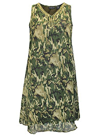 KHAKI Sleeveless Camo Embellished Shift Dress - Plus SIze 12 to 22 (M to 3X)