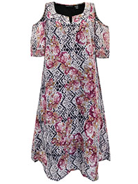 PINK Rhinestone Embellished Floral Print Cold Shoulder Dress - Plus Size 14 to 22 (US L to 3X)