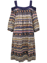 NAVY Lace Trim Printed Cold Shoulder Midi Dress - Plus Size 14 to 22 (US L to 3X)