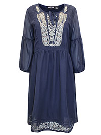 NAVY Boho Embroidered Tie Neck Dress - Size 12 to 22 (US M to 3X)
