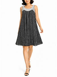 BLACK Grid Print Embroidered Swing Dress - Size 12 to 22 (US M to 3X)