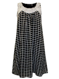 BLACK Sleeveless Grid Check Embroidered Swing Dress - Size 12 to 22 (US M to 3X)