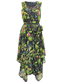 BLACK Sleeveless Tropical Print Belted Dress - Size 12 to 20 (US M to 2X)