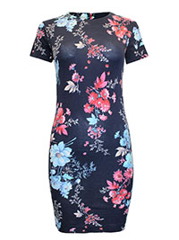 FC-UK NAVY Pure Cotton Floral Print Short Sleeve Shift Dress - Size 6 to 14