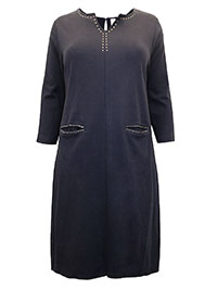 NAVY Stud Embellished 3/4 Sleeve Shift Dress - Plus Size 20 to 30