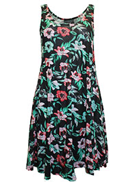 BLACK Sleeveless Tropical Floral A-Line Dress - Size 10/12 to 26/28 (S to 2XL)