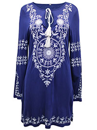 BLUE Long Sleeve Printed Tassel Tie Dress - Plus Size 14 to 22