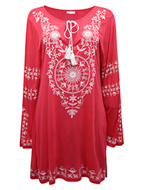 CORAL Long Sleeve Printed Tassel Tie Dress - Plus Size 16 to 22