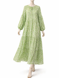 Light Green Printed Baloon Sleeve Tiered Maxi Dress - Size 18
