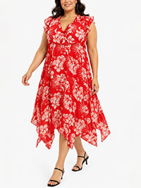 PLUS Red Floral Print Ruffle Trim Dress - Size 16 to 32