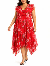 PLUS RED Print Ruffle Trim Dress - Size 16 to 32