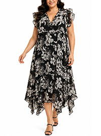 PLUS Black Floral Print Ruffle Trim Dress - Size 16 to 32