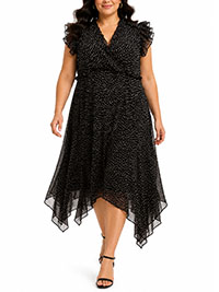 PLUS Black spotted Print Ruffle Trim Dress - Size 20 to 30/32