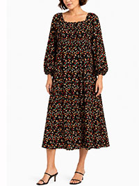 Black Floral Print Square Neck Midi Dress Size 10 to 12