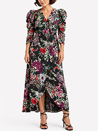 Black Floral Ruche Sleeve Smock Wrap Dress - Size 12 to 16