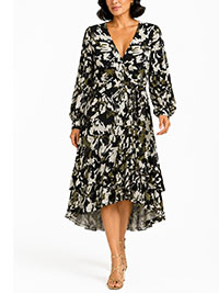Black Printed Jersey Wrap Long Dress - Size 10 to 22