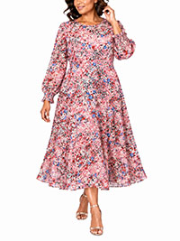 PINK Floral Print Tiered Midi Dress - Size 10