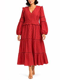 Dark Pink Boho Chic Broderie Midi Dress - Size 16 to 20