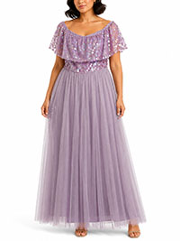 Lavendar Curve Bardot Sequin Embellishment Tulle Maxi Dress - Size 12 to 26