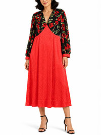 Poppy Red Satin Rose Print Midi Dress - Size 12 to 28