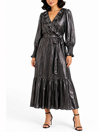 Silver Metallic Ruffle Tie Waist Midi Dress - Size 10 to 24