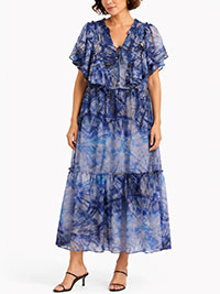 Blue Gold Foil Dot Tie Dye Print Maxi Dress - Size 10 to 20