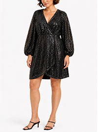 BLACK Plus Size Long Sleeve Plunge Sequin Mini Dress - Size 10 to 26