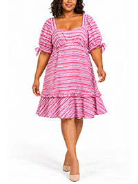 Pink Striped Square Neck Shirred Back Cotton Dress - Size 10 to 24