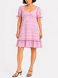 Pink Mixed Stripe Cotton Tea Dress - Size 10 to 24