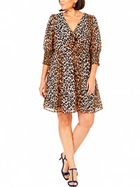 Leopard Print V-neck Puff Sleeve Mini Dress - Size 10 to 16