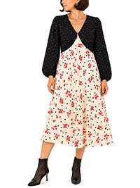 CREAM BLACK Mixed Print Floral Polka Dot Waffle Midi Dress - Size 20
