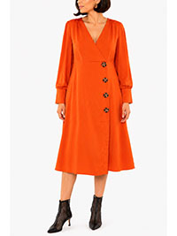 Burnt Orange Long Sleeve Button Wrap Midi Dress - Size 10 to 14