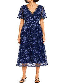 BLUE FLoral Lace Embroidered Midi Occasion Dress - Size 10 to 16