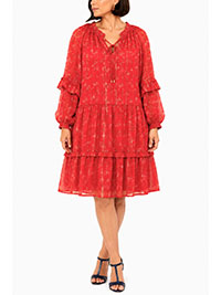 Red Metallic Thread Bohemian Tiered Dress - Size 12 to 20