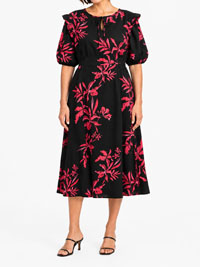 BLACK Pink Floral Puff Sleeve Midi Dress - Size 12