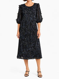 Black Blue Print Elegant Ruffled Long Dress - Size 12 to 26