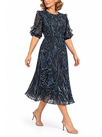 BLACK BLUE Print Ruffled Sleeve Pleated Midi Dress - Size 12 to 28