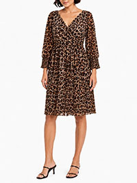Animal Print Shirred Cuffs Crossover Dress - Size 10 to 14