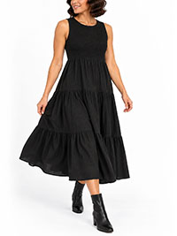 BLACK Cotton Shirred Midi Dress - Size 8 to 22