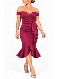 PLUM Ruffle Bardot Satin Panel Scuba Dress - Size 8 to 18