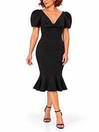 BLACK V-neck Bow Tie Wiggle Midi Dress - Size 6 to 20