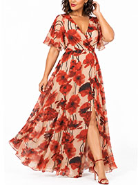 NATURAL Poppy Print Angel Sleeve Mesh Wrap Bodice Maxi Dress - Size 14 to 26/28