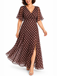CHOCOLATE Pink Polka Mesh Overlay Wrap Bodice Maxi Dress - Size 24 to 26/28 CHOCOLATE Pink Polka Mesh Overlay Wrap Bodice Maxi Dress - Size 24 to 26/28