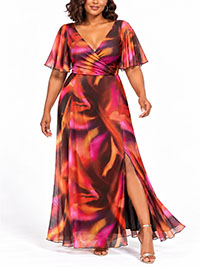 ORANGE RED Abstract Print Mesh Wrap Bodice Maxi Dress - Size 24 to 26/28 ORANGE RED Abstract Print Mesh Wrap Bodice Maxi Dress - Size 24 to 26/28