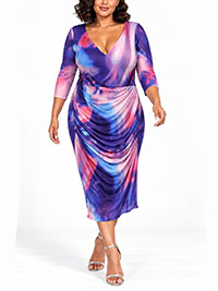 PURPLE Abstract Print Meash Overlay Ruched Midi Dress - Size 16 to 30/32 PURPLE Abstract Print Meash Overlay Ruched Midi Dress - Size 16 to 30/32