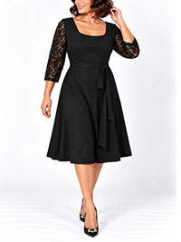 BLACK Sequin Lace Sleeve Belted Midi Dress - Size 16 to 30/32 BLACK Sequin Lace Sleeve Belted Midi Dress - Size 16 to 30/32