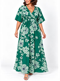 GREEN Floral Crossover Smocked Waist Angel Sleeve Maxi Dress - Size 16 to 26/28 GREEN Floral Crossover Smocked Waist Angel Sleeve Maxi Dress - Size 16 to 26/28
