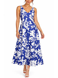 TALL BLUE Floral V-Neck Pleaat Midi Dress - Size 8 to 22
